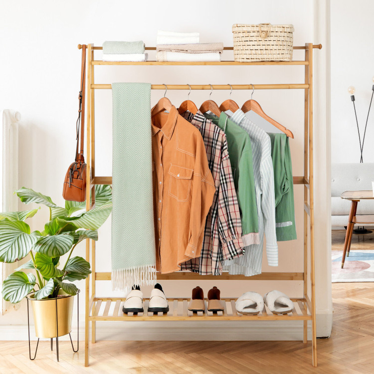 Bamboo Clothing Rack with Storage Shelves-Natural | Costway