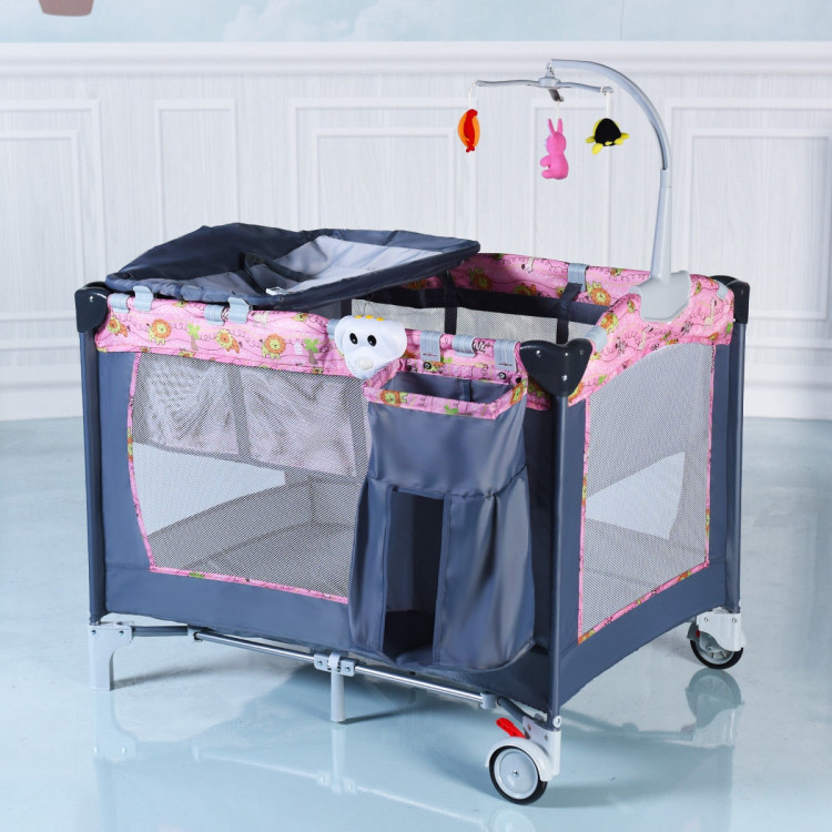 Foldable 2 Color Baby Crib Playpen Playard-PinkCostway Gallery View 2 of 10