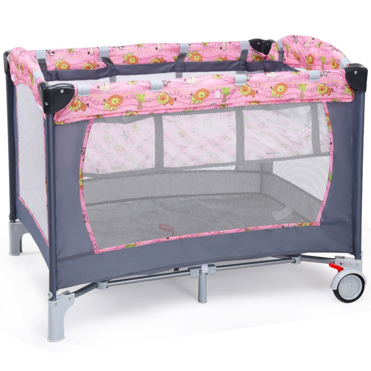 Foldable 2 Color Baby Crib Playpen Playard-PinkCostway Gallery View 6 of 10