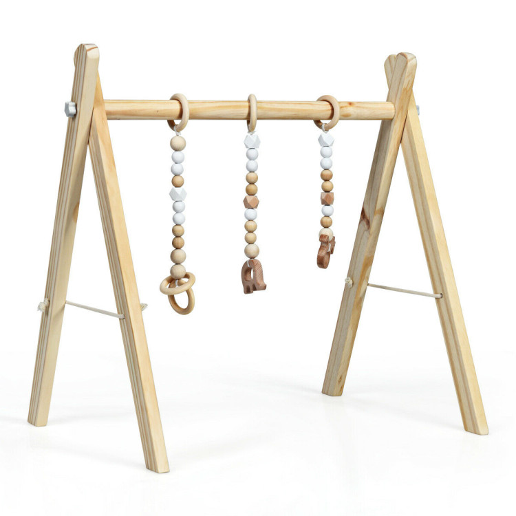 Portable 3 Wooden Newborn Baby Exercise Activity Gym Teething Toys Hanging Bar-NaturalCostway Gallery View 1 of 14