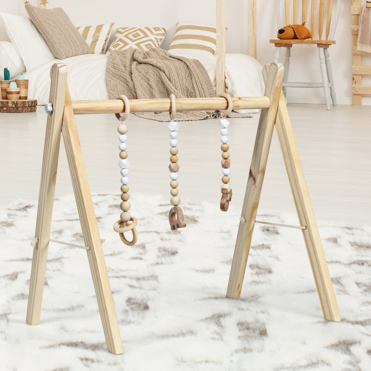 Portable 3 Wooden Newborn Baby Exercise Activity Gym Teething Toys Hanging Bar-NaturalCostway Gallery View 7 of 14