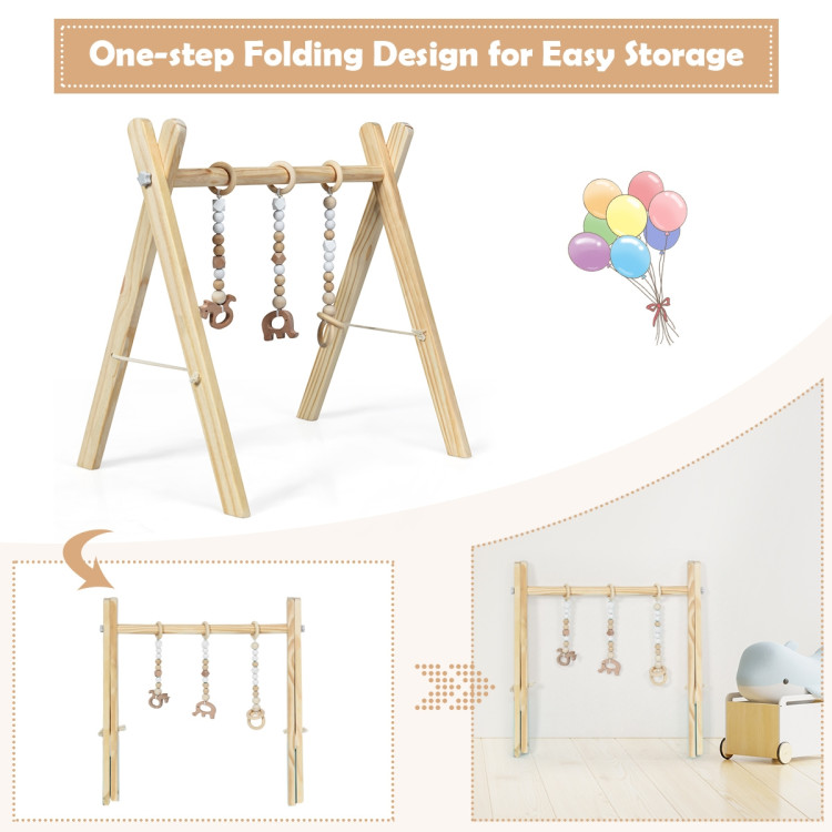 Portable 3 Wooden Newborn Baby Exercise Activity Gym Teething Toys Hanging Bar-NaturalCostway Gallery View 6 of 14