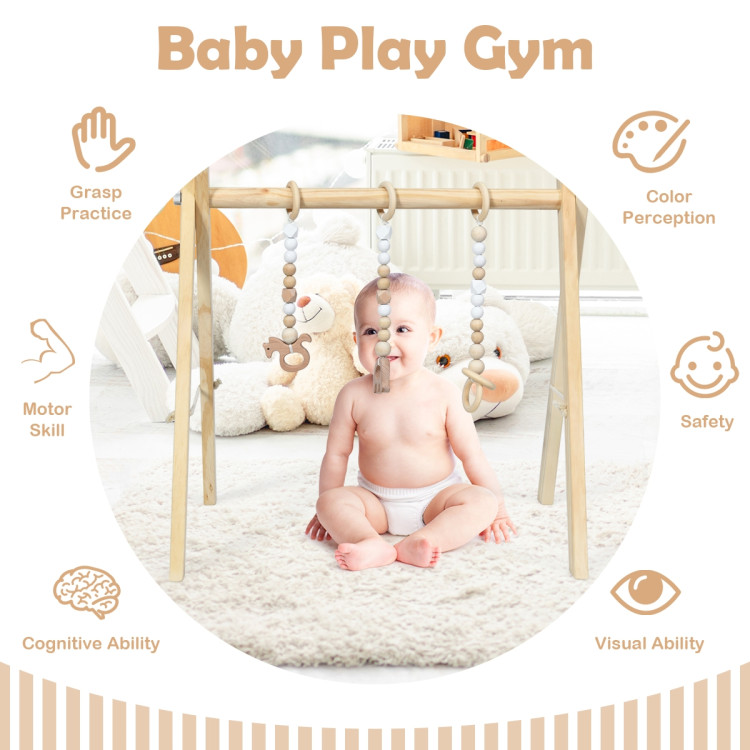 Portable 3 Wooden Newborn Baby Exercise Activity Gym Teething Toys Hanging Bar-NaturalCostway Gallery View 3 of 14