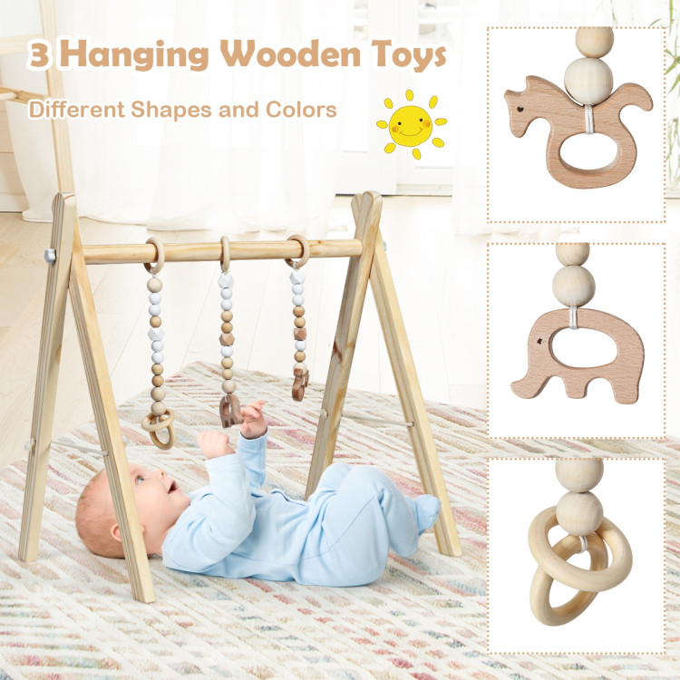 Portable 3 Wooden Newborn Baby Exercise Activity Gym Teething Toys Hanging Bar-NaturalCostway Gallery View 11 of 14