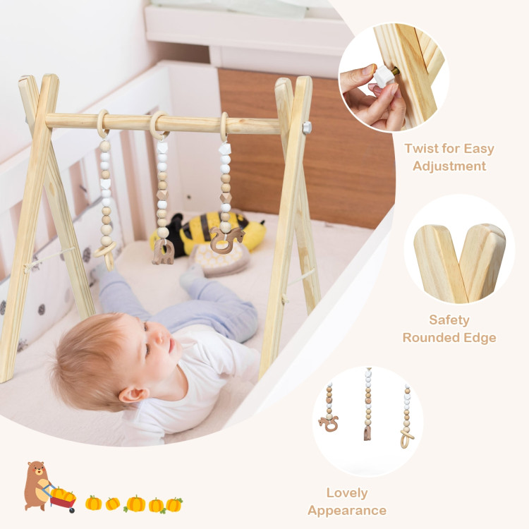 Portable 3 Wooden Newborn Baby Exercise Activity Gym Teething Toys Hanging Bar-NaturalCostway Gallery View 12 of 14