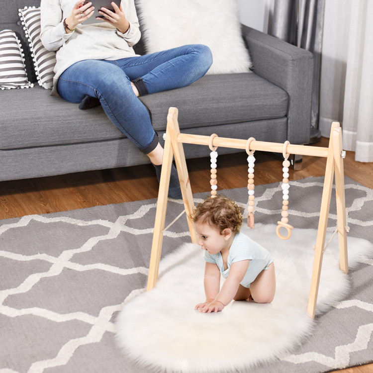 Portable 3 Wooden Newborn Baby Exercise Activity Gym Teething Toys Hanging Bar-NaturalCostway Gallery View 2 of 14