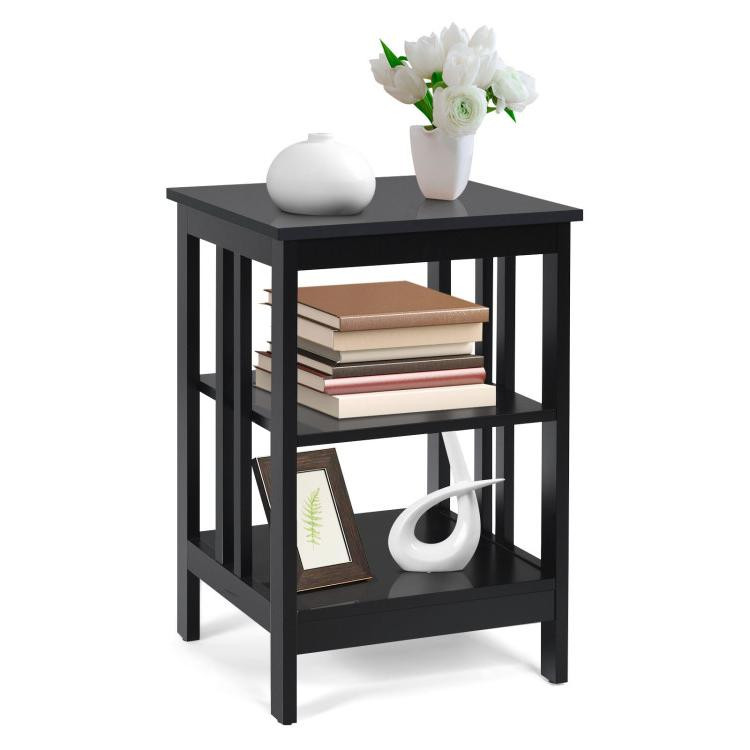 3-Tier Nightstand Sofa Side Table with Baffles and Round Corners-BlackCostway Gallery View 3 of 10