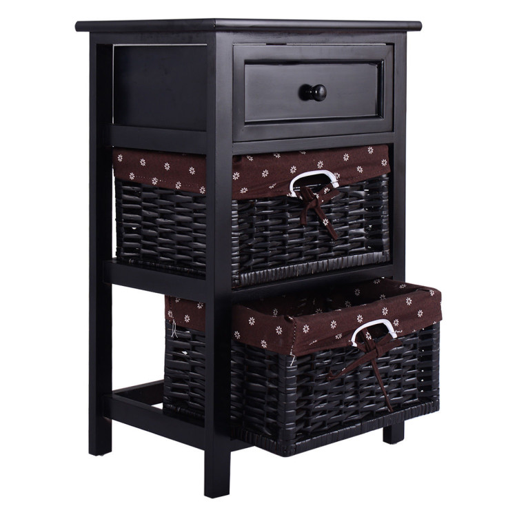 3 Tiers Wooden Storage Nightstand with 2 Baskets and 1 Drawer-blackCostway Gallery View 5 of 12