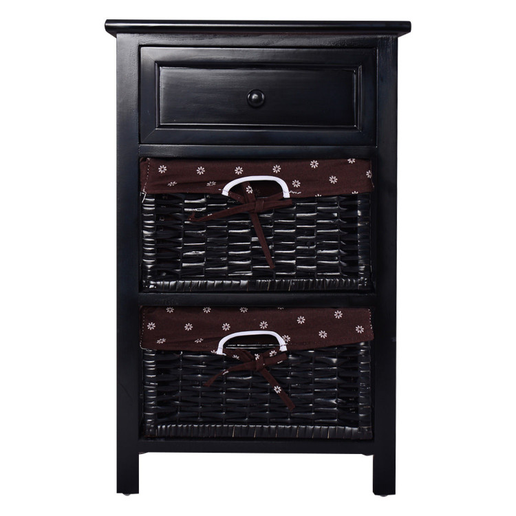 3 Tiers Wooden Storage Nightstand with 2 Baskets and 1 Drawer-blackCostway Gallery View 6 of 12