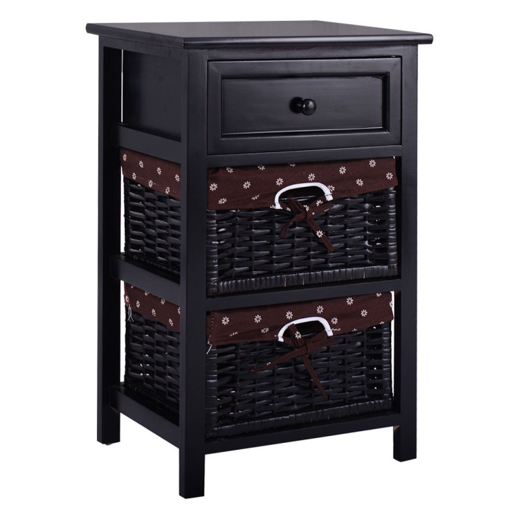 3 Tiers Wooden Storage Nightstand with 2 Baskets and 1 Drawer-blackCostway Gallery View 2 of 12