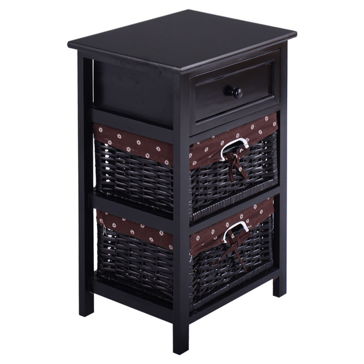 3 Tiers Wooden Storage Nightstand with 2 Baskets and 1 Drawer-blackCostway Gallery View 1 of 12