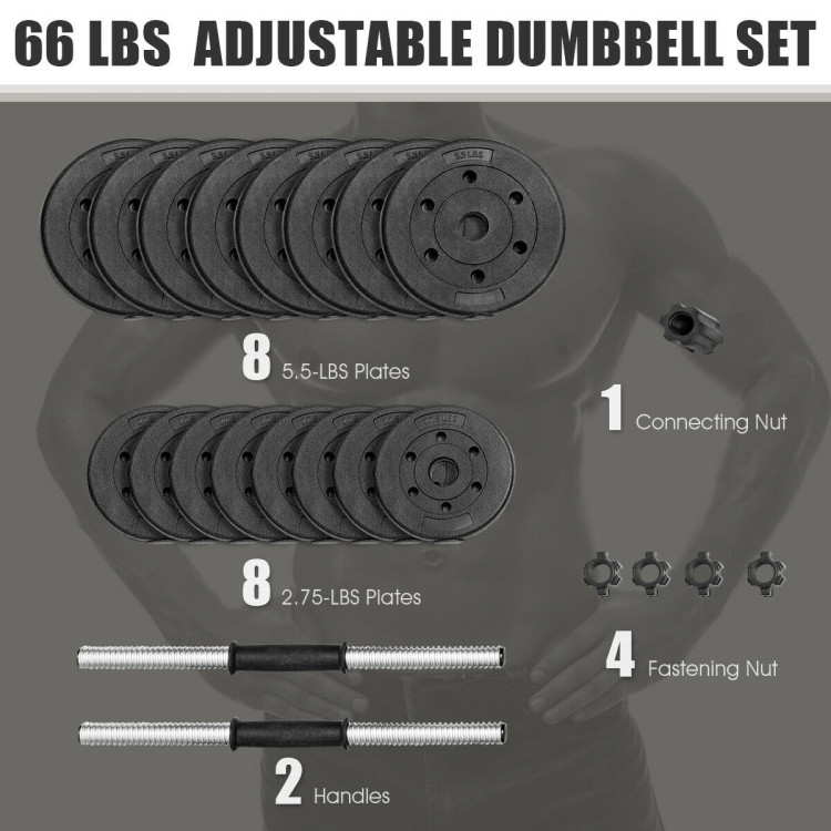 66 Lbs Fitness Dumbbell Weight Set with Adjustable Weight Plates and HandleCostway Gallery View 8 of 9