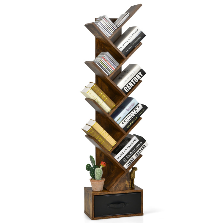 10-tier Tree Bookshelf with Drawer Free-standing Storage BookcaseCostway Gallery View 2 of 11