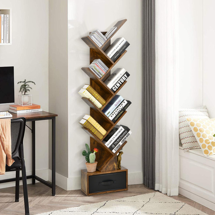 10-tier Tree Bookshelf with Drawer Free-standing Storage BookcaseCostway Gallery View 3 of 11