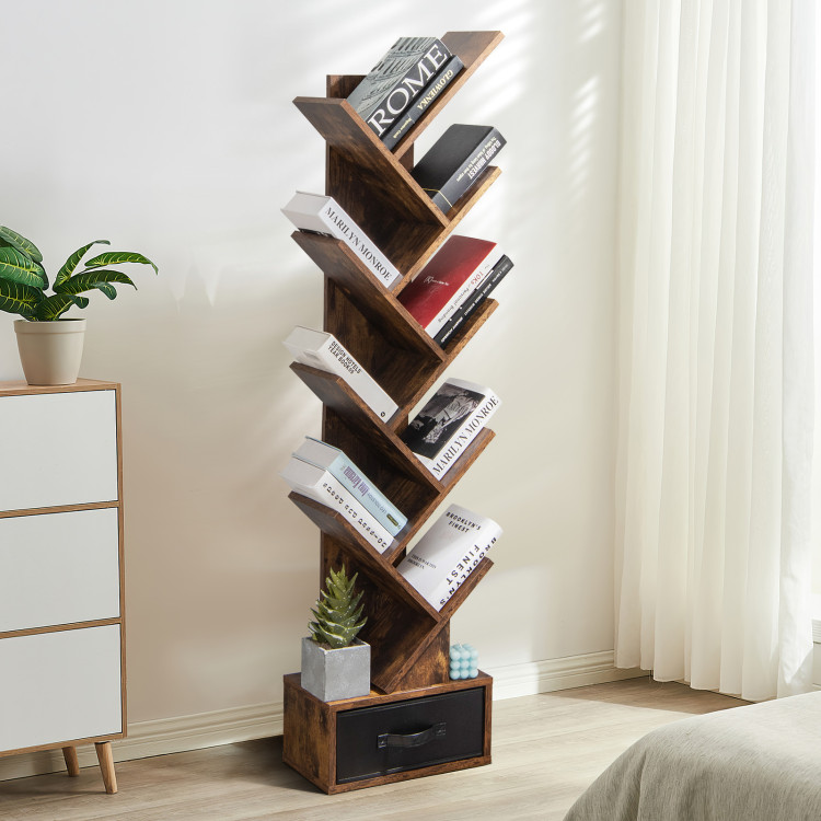10-tier Tree Bookshelf with Drawer Free-standing Storage BookcaseCostway Gallery View 7 of 11