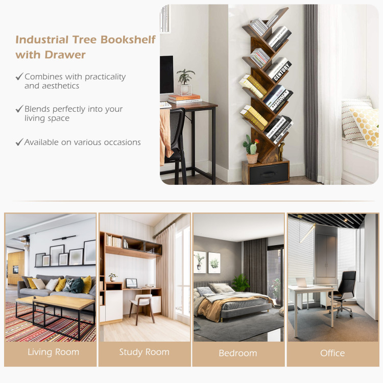 10-tier Tree Bookshelf with Drawer Free-standing Storage BookcaseCostway Gallery View 10 of 11