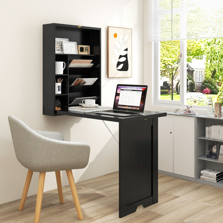Wall Mounted Fold-Out Convertible Floating Desk Space Saver-BlackCostway Gallery View 2 of 10