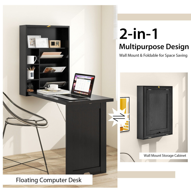 Wall Mounted Fold-Out Convertible Floating Desk Space Saver-BlackCostway Gallery View 3 of 10