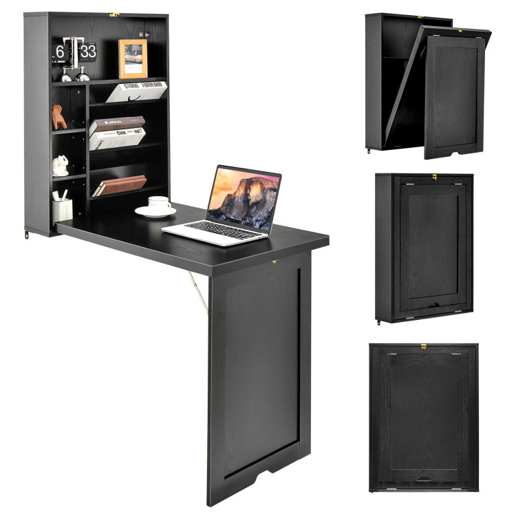 Wall Mounted Fold-Out Convertible Floating Desk Space Saver-BlackCostway Gallery View 7 of 10