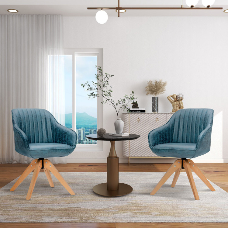 Modern Leathaire Set of 2 Swivel Accent Chair with Beech Wood Legs-BlueCostway Gallery View 2 of 10