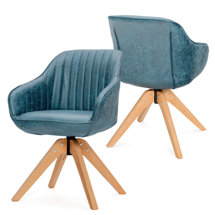 Modern Leathaire Set of 2 Swivel Accent Chair with Beech Wood Legs-BlueCostway Gallery View 1 of 10