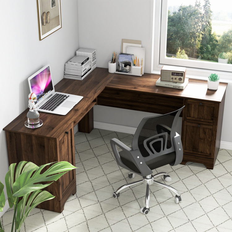 Dark Brown L Shaped Home Office Desk with Keyboard Tray
