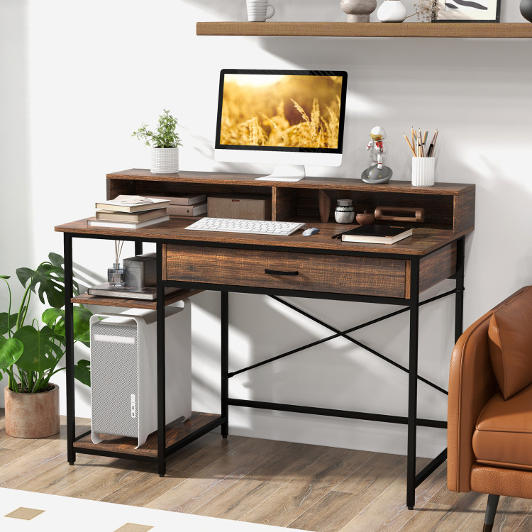 Tangkula Computer Desk Study Writing Table Small Space w/ Drawer & Monitor  Stand Walnut