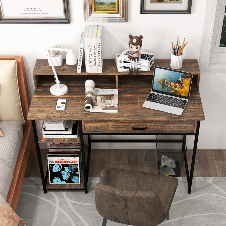 Tangkula Computer Desk Study Writing Table Small Space w/ Drawer & Monitor  Stand Walnut
