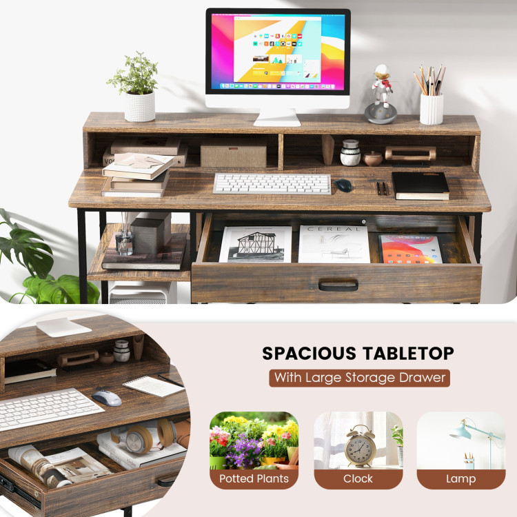 Computer Desk with Drawers and Storage Shelves, 48 inch Home Office Desk  with Monitor Stand, Work Study PC Desk for Small Spaces, Rustic Brown 
