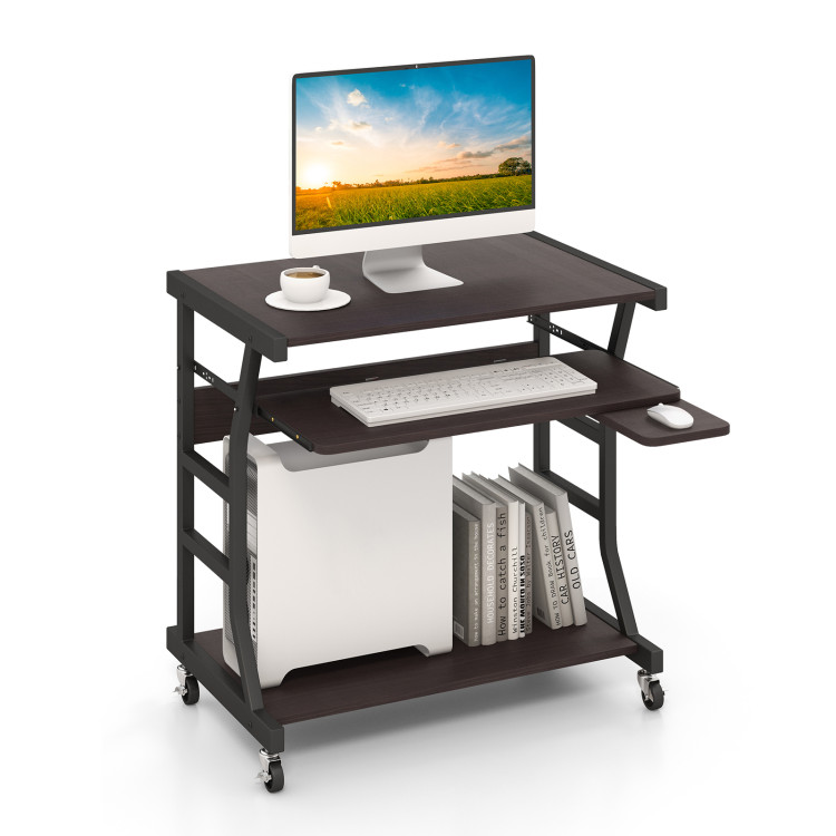 mobile Computer Desk w/ Keyboard Tray 3 Tier Rolling Desk for Small Space  Office
