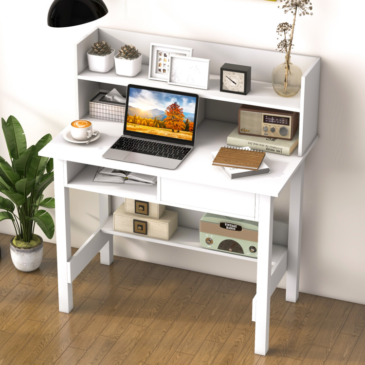 43.5 in. White Computer Desk with Storage Shelf Wooden Writing Desk with  Hutch and CPU Stand and Keyboard Tray