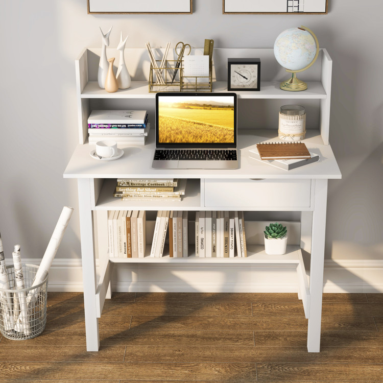 43.5 in. White Computer Desk with Storage Shelf Wooden Writing Desk with  Hutch and CPU Stand and Keyboard Tray