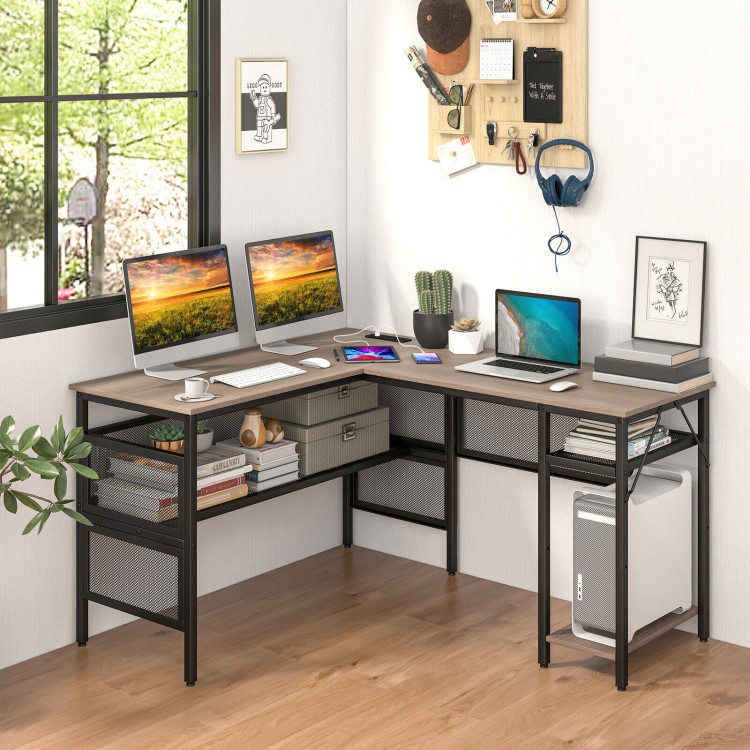 Costway 48 in. Gray Wood Reversible L Shaped Computer Desk Home Office Table Adjustable Shelf