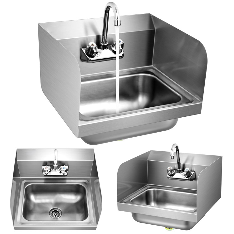 Stainless Steel Sink Wall Mount Hand Washing Sink with Faucet and Side SplashCostway Gallery View 8 of 11