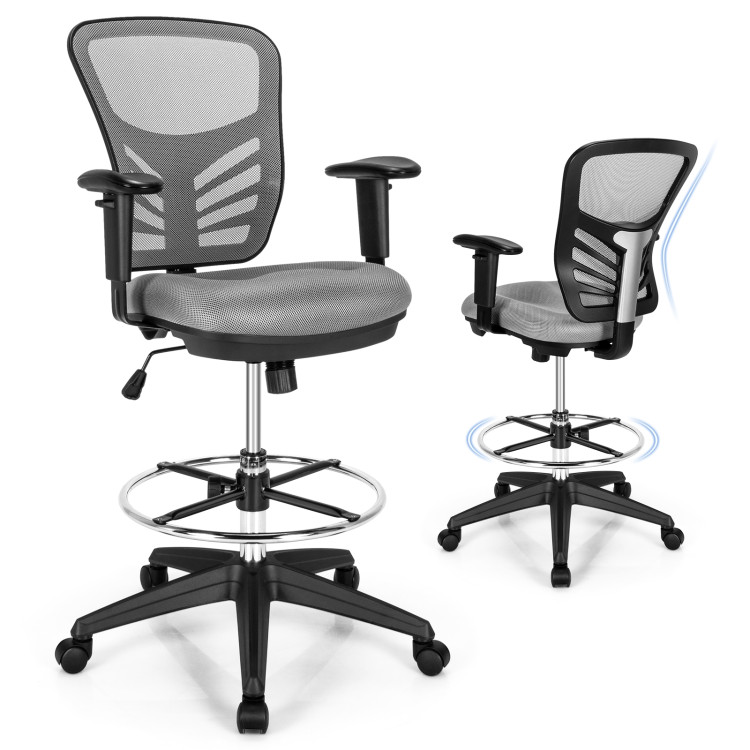 Mesh Drafting Chair Office Chair with Adjustable Armrests and Foot-Ring-GrayCostway Gallery View 8 of 10