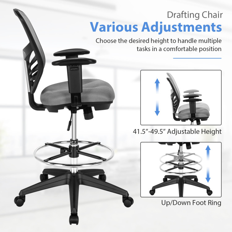 Mesh Drafting Chair Office Chair with Adjustable Armrests and Foot-Ring-GrayCostway Gallery View 5 of 10