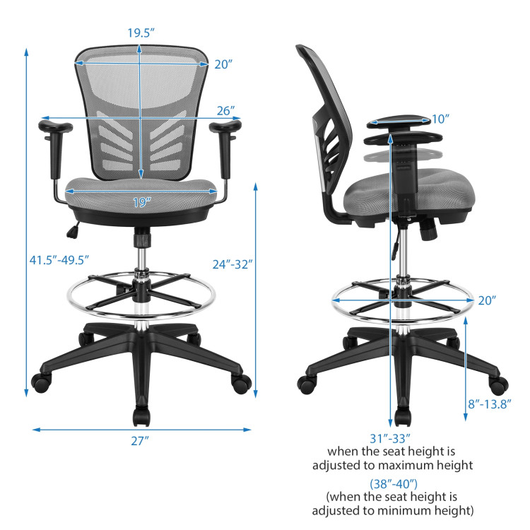 Mesh Drafting Chair Office Chair with Adjustable Armrests and Foot-Ring-GrayCostway Gallery View 4 of 10