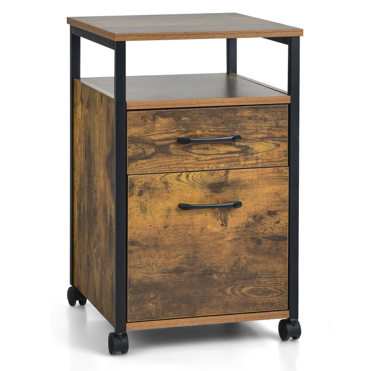 2 Drawer Mobile File Cabinet Printer Stand with Open Shelf for Letter Size-Rustic BrownCostway Gallery View 1 of 11