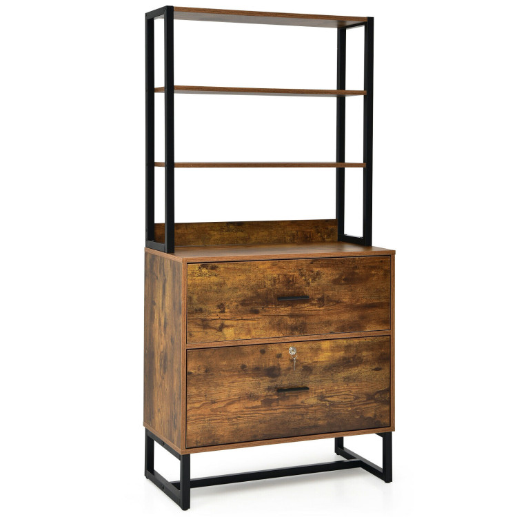 Letter Size Lateral File Cabinet with Lock and Bookshelf-Rustic BrownCostway Gallery View 1 of 11