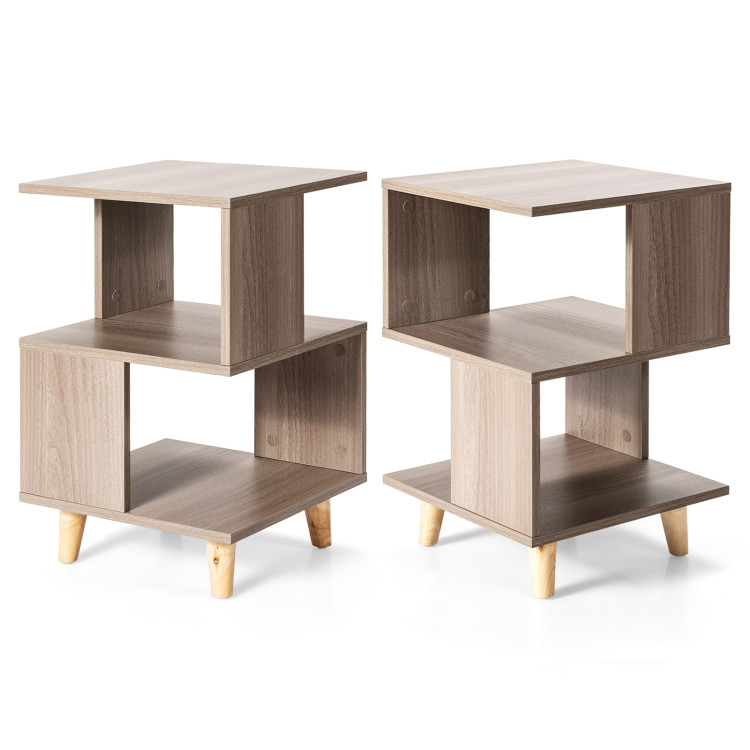 2 Pieces Wooden Modern Nightstand Set with Solid Wood Legs for Living RoomCostway Gallery View 4 of 14