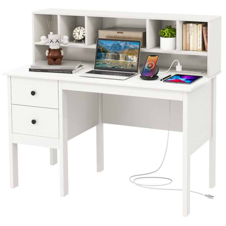 Computer Desk with Drawers, White Home Office Desk with Hutch, PC Desk  Writing Table with Storage for Small Spaces, White