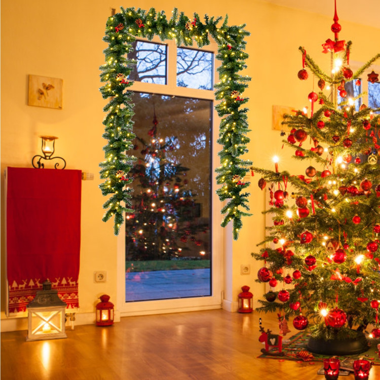 9 Feet Pre-lit Artificial Christmas Garland Red Berries with LEDCostway Gallery View 7 of 11