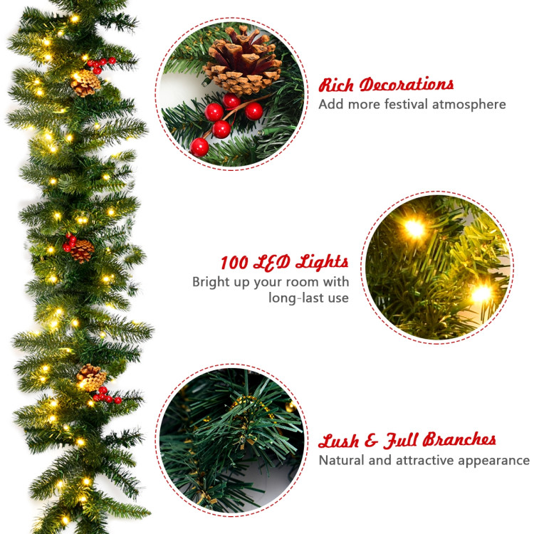 9 Feet Pre-lit Artificial Christmas Garland Red Berries with LEDCostway Gallery View 5 of 11