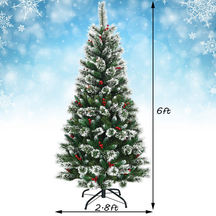 6 Feet Snow Flocked Artificial Christmas Hinged Tree with Red BerriesCostway Gallery View 4 of 10