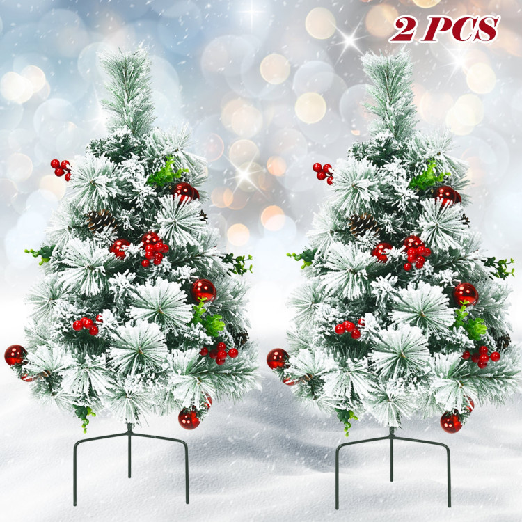 2 Feet Set of 2 Pre-lit Pathway Flocked Christmas Trees Battery PoweredCostway Gallery View 8 of 11