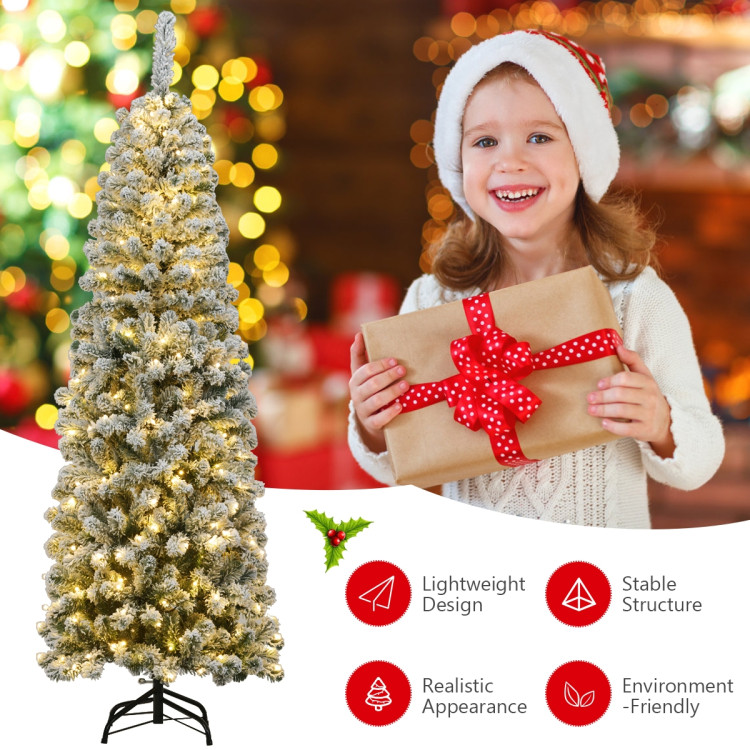 6 Feet Pre-lit Snow Flocked Artificial Pencil Christmas Tree with 250 LED LightsCostway Gallery View 12 of 13