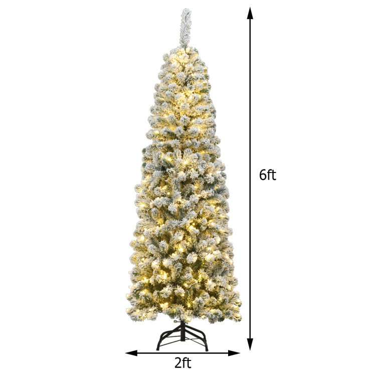 6 Feet Pre-lit Snow Flocked Artificial Pencil Christmas Tree with 250 LED LightsCostway Gallery View 4 of 13