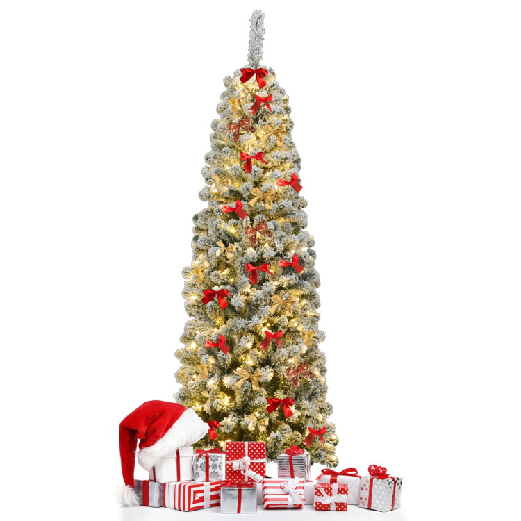6 Feet Pre-lit Snow Flocked Artificial Pencil Christmas Tree with 250 LED LightsCostway Gallery View 10 of 13