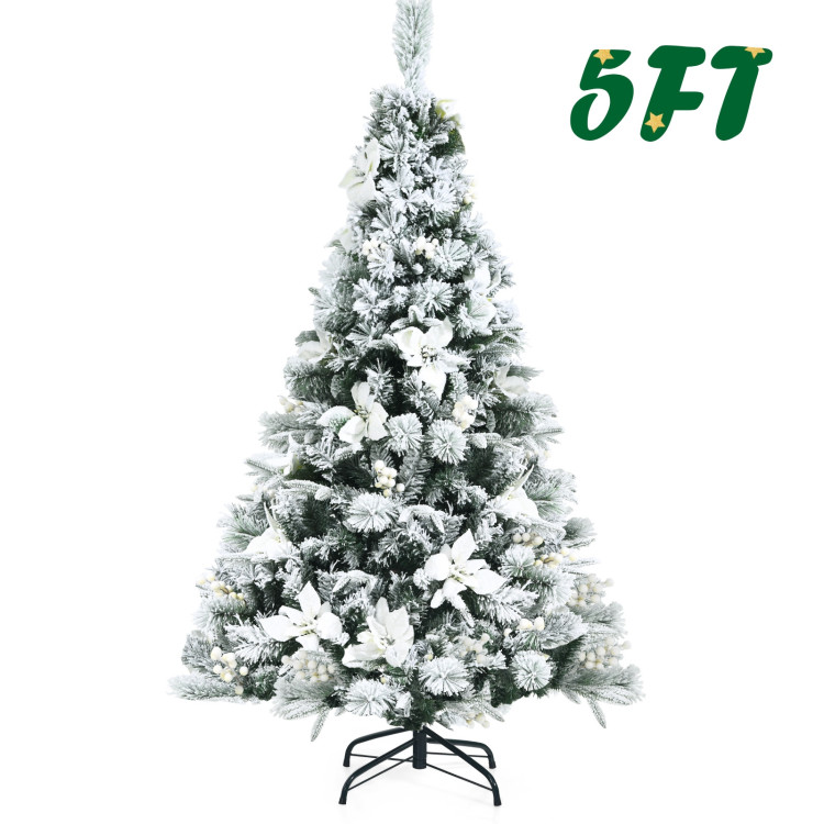 5 Feet Snow Flocked Hinged Christmas Tree with Berries and Poinsettia FlowersCostway Gallery View 9 of 11