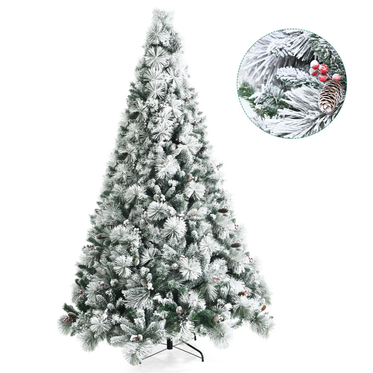 8 Feet Snow Flocked Christmas Tree Glitter Tips with Pine Cone and Red BerriesCostway Gallery View 9 of 11